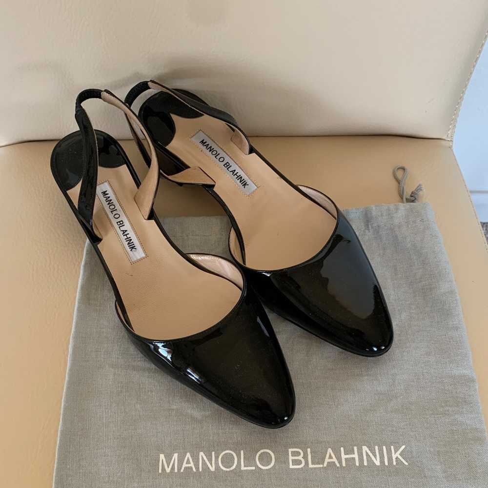 Manolo Blahnik Black Patent Slingback Block Heel Size 38